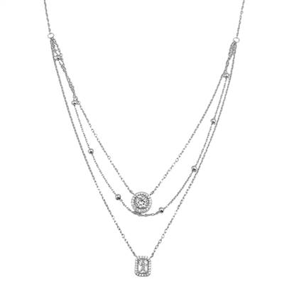 Double Layered Round N Emerald Solitaire Silver Necklace