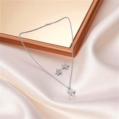 Floral Cubic Zirconia Studded Pendant Set with Earrings