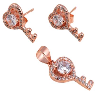 Key Heart Rosegold Pendant Set with Earrings