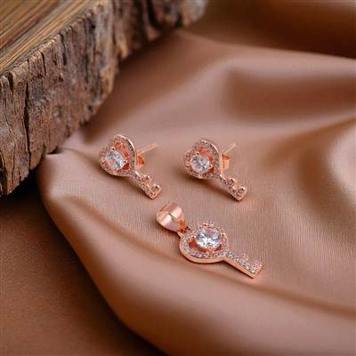 Key Heart Rosegold Pendant Set with Earrings