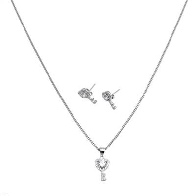 Key Heart Silver Pendant Set with Earrings