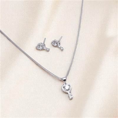 Key Heart Silver Pendant Set with Earrings