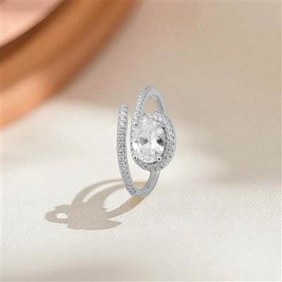 Oval Cut Solitaire Studded Spiral Silver Ring