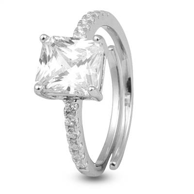 Princess Cut Adjustable Solitaire Silver Ring