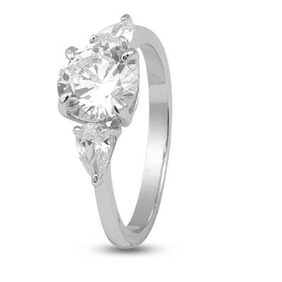 Round cut Solitaire Trilogy Silver Ring with Pair sides