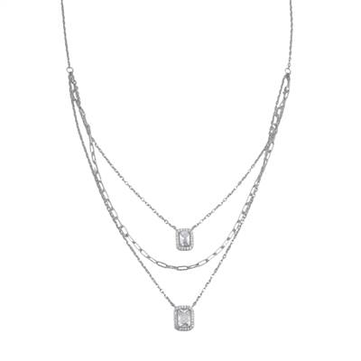 Triple Layered Emerald Solitaire Silver Necklace