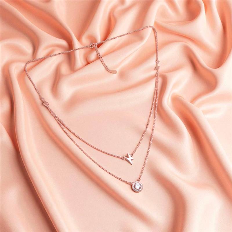 Double Layered Lightning Solitaire Rosegold Necklace thumb