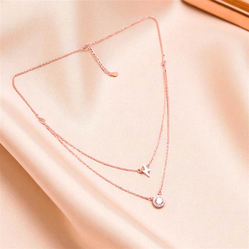 Double Layered Lightning Solitaire Rosegold Necklace thumb