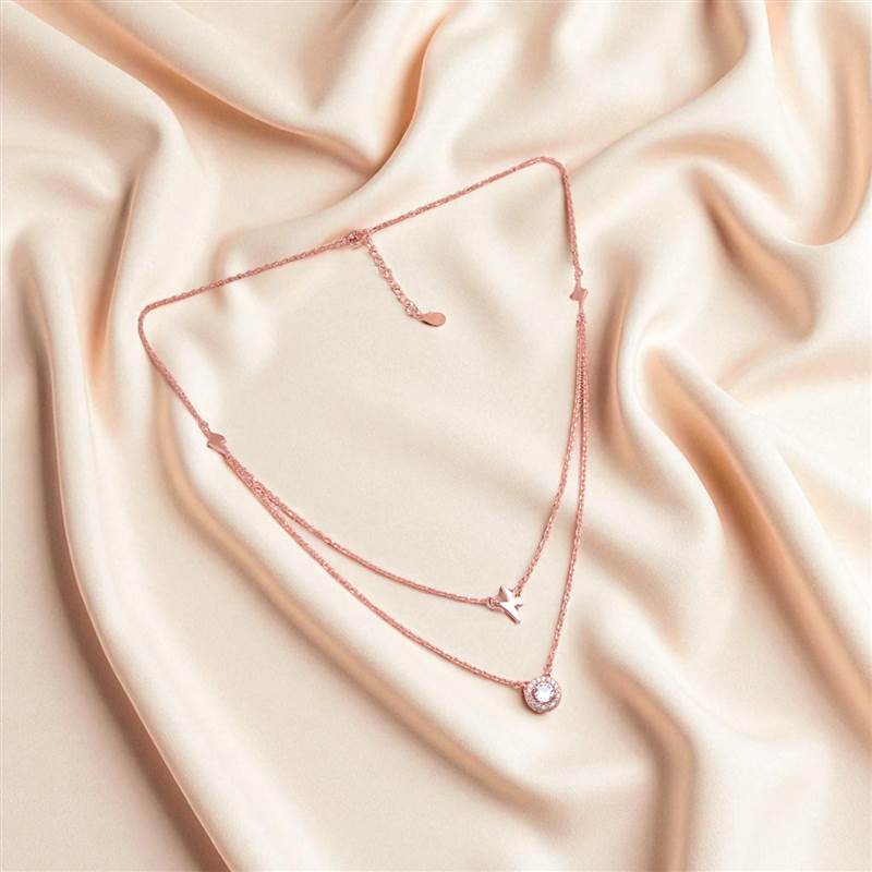 Double Layered Lightning Solitaire Rosegold Necklace thumb
